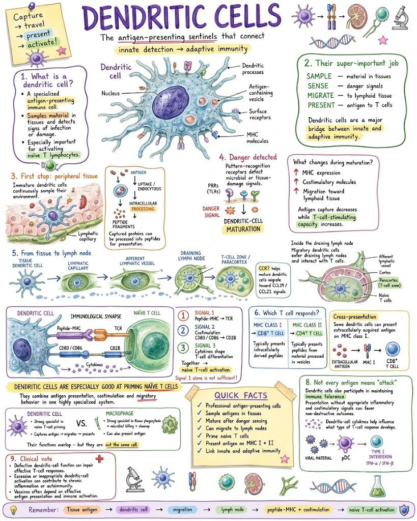 Dendritic cell infographic — the antigen-presenting sentinel linking innate detection to adaptive immunity
